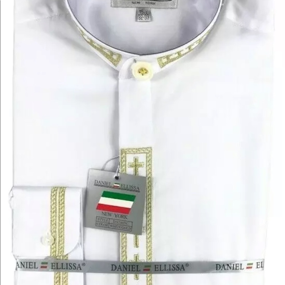 Daniel Ellissa Men's White Clergy Shirt Gold Cross Embroidered Convertible Cuff - Picture 2 of 3